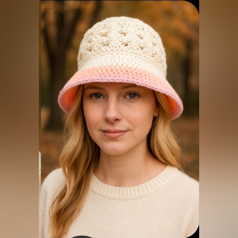 Bucket Hat Crochet with Pink &  Orange Accents Handmade